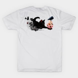 Cute playing cat and crow T-Shirt